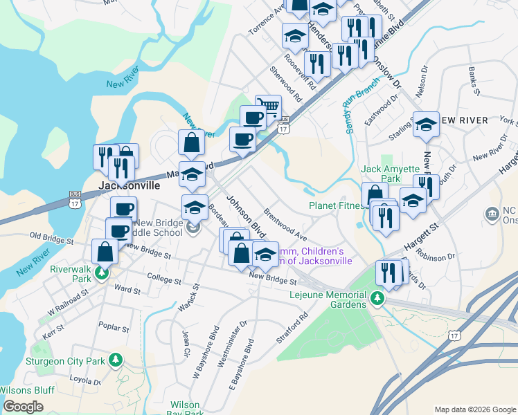 map of restaurants, bars, coffee shops, grocery stores, and more near 409 Brentwood Avenue in Jacksonville