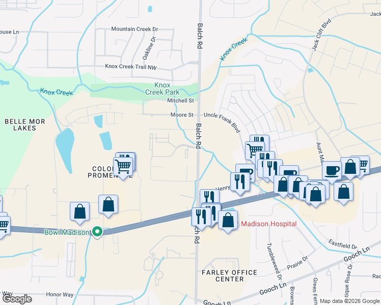 map of restaurants, bars, coffee shops, grocery stores, and more near 1260 Balch Road in Madison