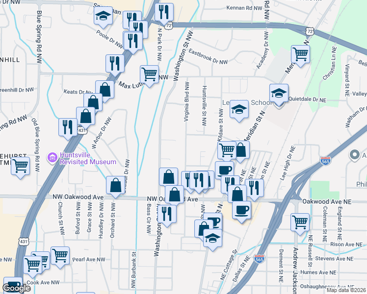 map of restaurants, bars, coffee shops, grocery stores, and more near 2310 Virginia Boulevard Northwest in Huntsville