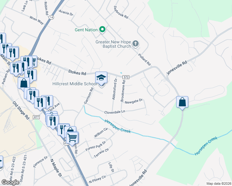 map of restaurants, bars, coffee shops, grocery stores, and more near 126 Abbotsford Drive in Simpsonville