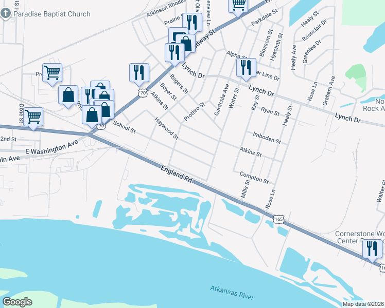 map of restaurants, bars, coffee shops, grocery stores, and more near 4812 Haywood Street in North Little Rock