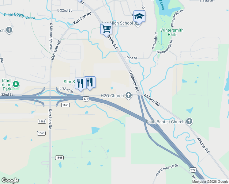 map of restaurants, bars, coffee shops, grocery stores, and more near 1104 East 32nd Street in Ada
