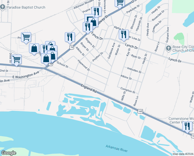map of restaurants, bars, coffee shops, grocery stores, and more near 4812 Haywood Street in North Little Rock