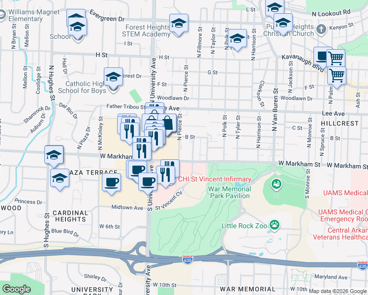 map of restaurants, bars, coffee shops, grocery stores, and more near 217 North Pierce Street in Little Rock