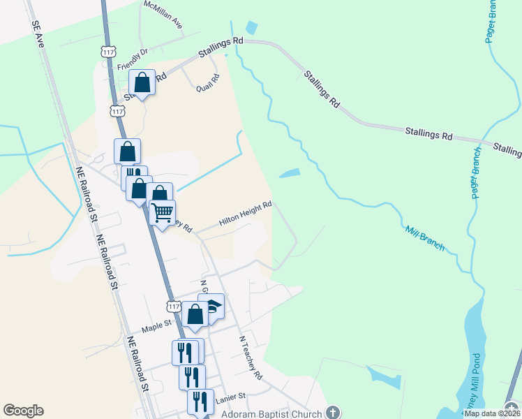 map of restaurants, bars, coffee shops, grocery stores, and more near 160 Hilton Height Road in Wallace