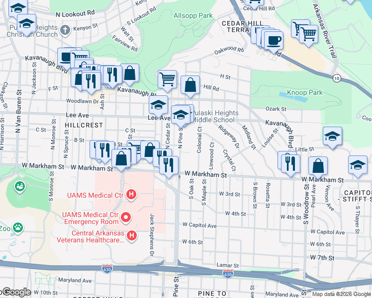 map of restaurants, bars, coffee shops, grocery stores, and more near 3814 Compton Street in Little Rock
