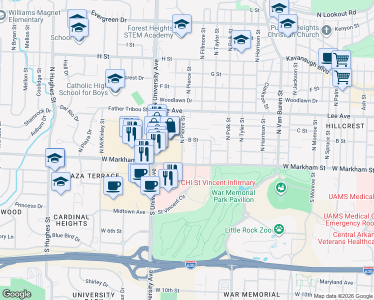 map of restaurants, bars, coffee shops, grocery stores, and more near 217 North Pierce Street in Little Rock