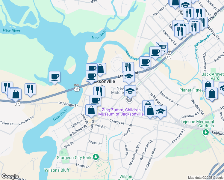 map of restaurants, bars, coffee shops, grocery stores, and more near 11 Ruth Street in Jacksonville