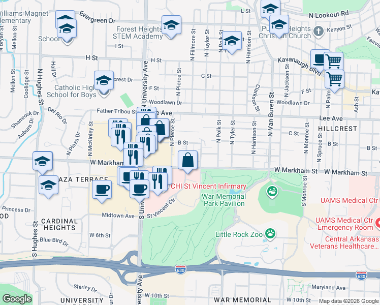 map of restaurants, bars, coffee shops, grocery stores, and more near 217 North Fillmore Street in Little Rock