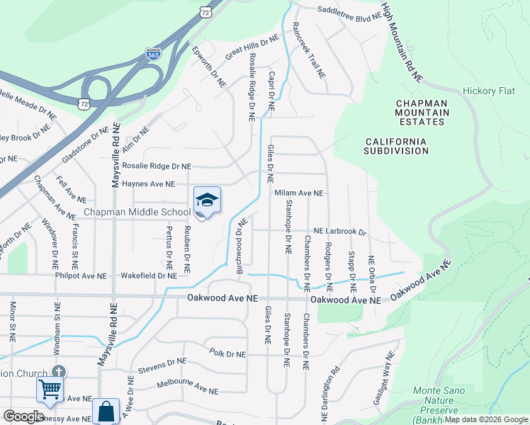 map of restaurants, bars, coffee shops, grocery stores, and more near 2110 Giles Drive Northeast in Huntsville