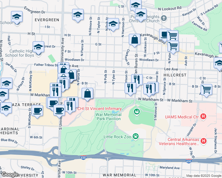 map of restaurants, bars, coffee shops, grocery stores, and more near 5411 B Street in Little Rock