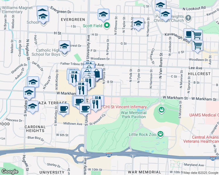 map of restaurants, bars, coffee shops, grocery stores, and more near 217 North Pierce Street in Little Rock