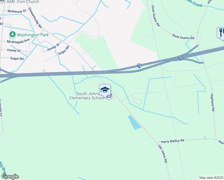 map of restaurants, bars, coffee shops, grocery stores, and more near 12801 Old Johns Road in Laurinburg