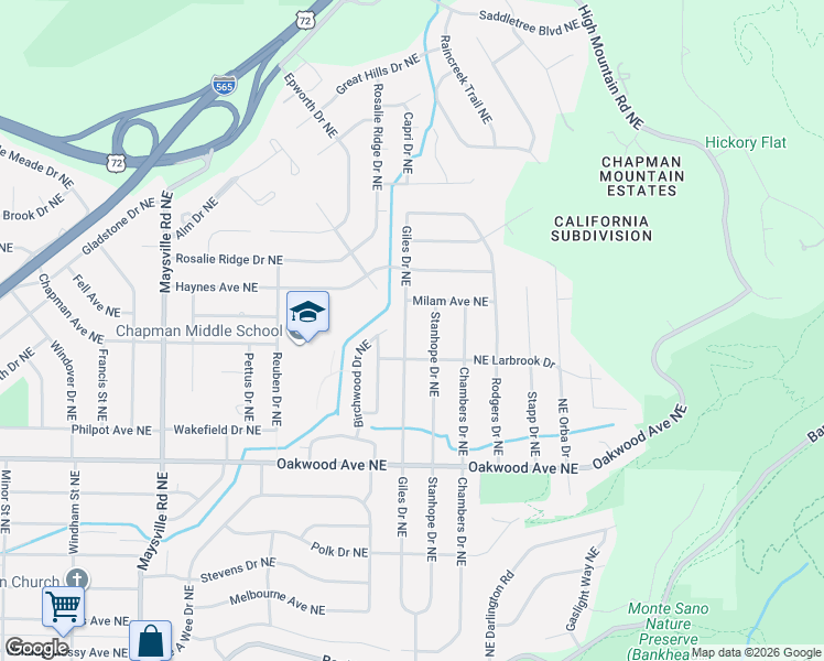 map of restaurants, bars, coffee shops, grocery stores, and more near 2110 Giles Drive Northeast in Huntsville