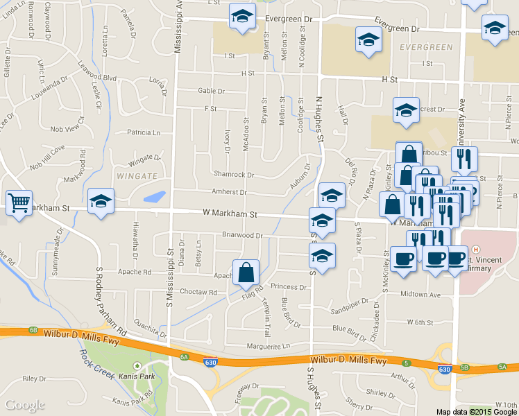 map of restaurants, bars, coffee shops, grocery stores, and more near 7100 West Markham Street in Little Rock