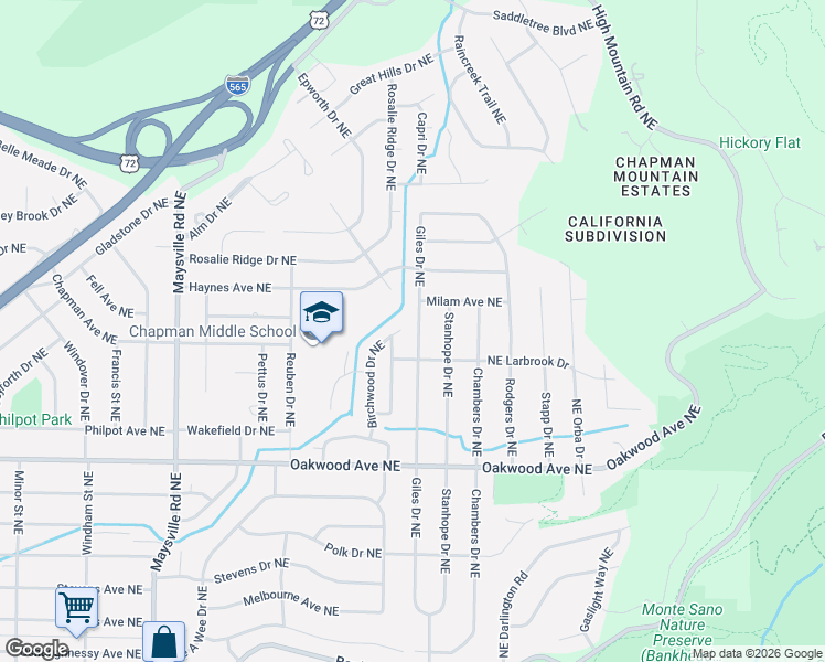 map of restaurants, bars, coffee shops, grocery stores, and more near 2110 Giles Drive Northeast in Huntsville