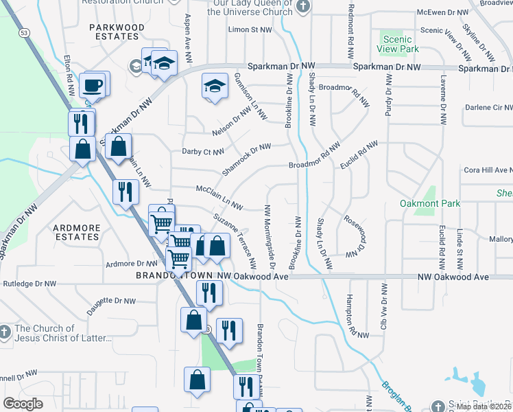map of restaurants, bars, coffee shops, grocery stores, and more near 3921 Broadmor Road Northwest in Huntsville