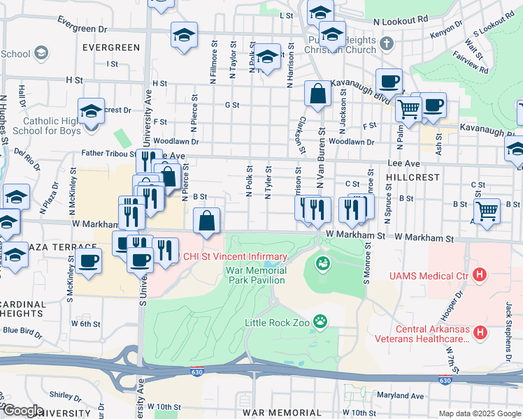 map of restaurants, bars, coffee shops, grocery stores, and more near 5411 B Street in Little Rock