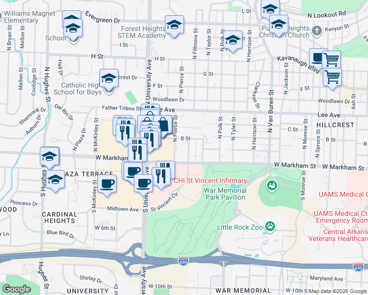 map of restaurants, bars, coffee shops, grocery stores, and more near 217 North Pierce Street in Little Rock
