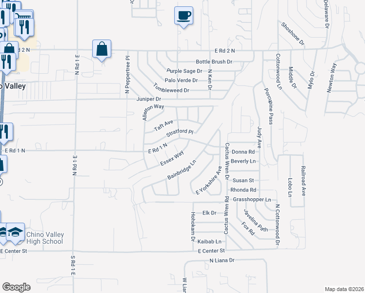 map of restaurants, bars, coffee shops, grocery stores, and more near 441 Hayes Court in Chino Valley