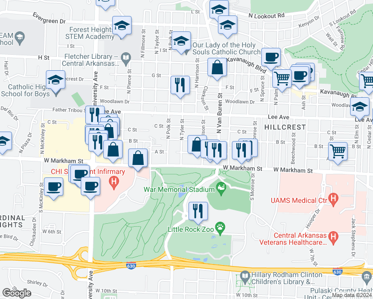 map of restaurants, bars, coffee shops, grocery stores, and more near 5324 A Street in Little Rock