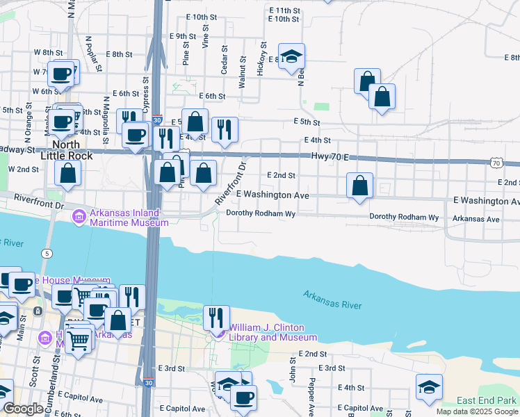map of restaurants, bars, coffee shops, grocery stores, and more near 1012 East Washington Avenue in North Little Rock