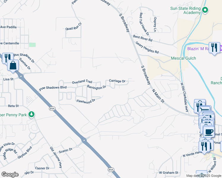 map of restaurants, bars, coffee shops, grocery stores, and more near 408 Barrington Drive in Clarkdale