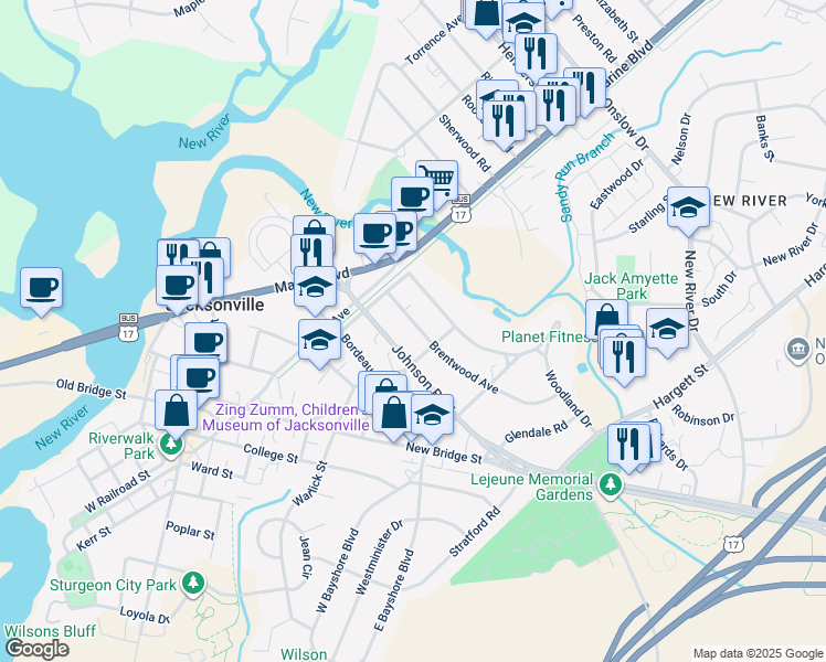 map of restaurants, bars, coffee shops, grocery stores, and more near 407 Brentwood Avenue in Jacksonville