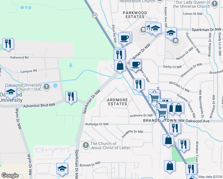 map of restaurants, bars, coffee shops, grocery stores, and more near 4600 Whitehall Drive Northwest in Huntsville