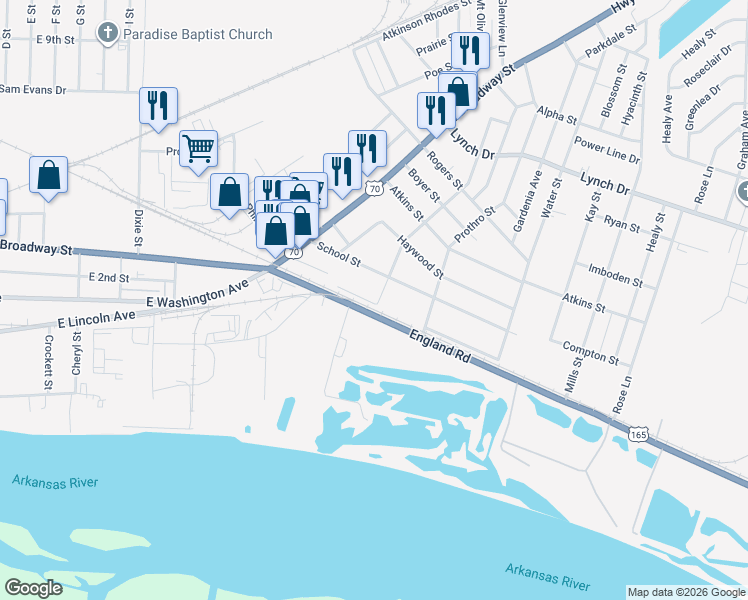 map of restaurants, bars, coffee shops, grocery stores, and more near 112 Middle Street in North Little Rock