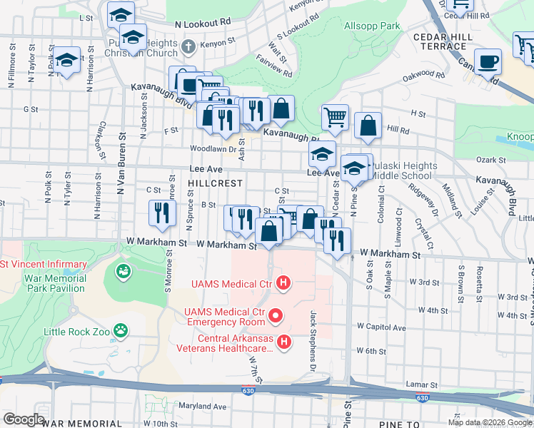 map of restaurants, bars, coffee shops, grocery stores, and more near 300 Walnut Street in Little Rock