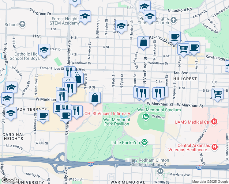 map of restaurants, bars, coffee shops, grocery stores, and more near 5411 B Street in Little Rock