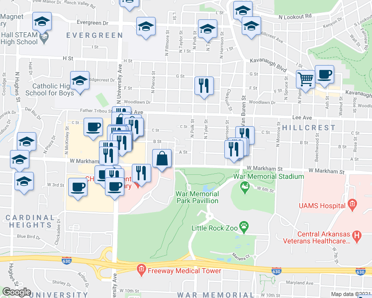 map of restaurants, bars, coffee shops, grocery stores, and more near 5503 B Street in Little Rock