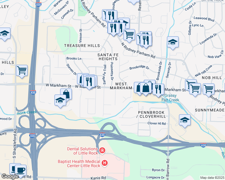 map of restaurants, bars, coffee shops, grocery stores, and more near 100 Poinsetta Drive in Little Rock