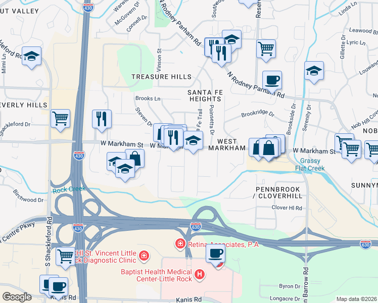 map of restaurants, bars, coffee shops, grocery stores, and more near 2 Santa Fe Trail in Little Rock