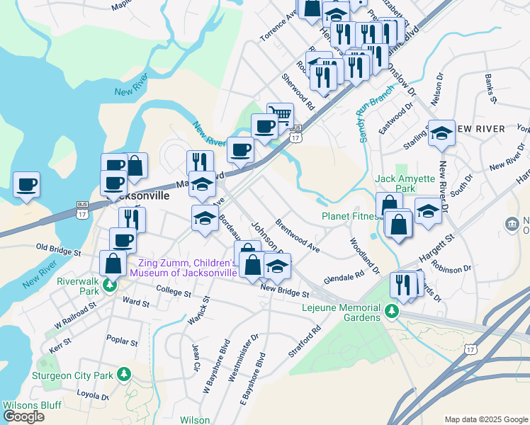map of restaurants, bars, coffee shops, grocery stores, and more near 407 Brentwood Avenue in Jacksonville