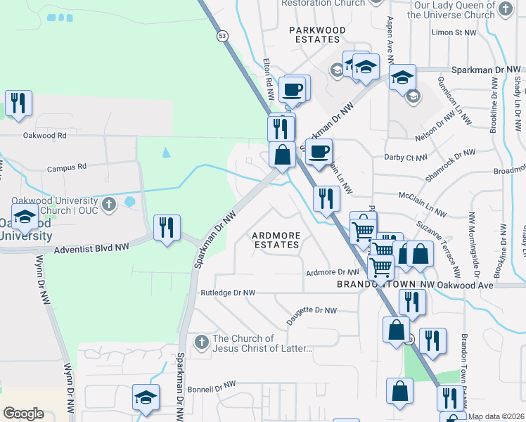 map of restaurants, bars, coffee shops, grocery stores, and more near 4600 Whitehall Drive Northwest in Huntsville