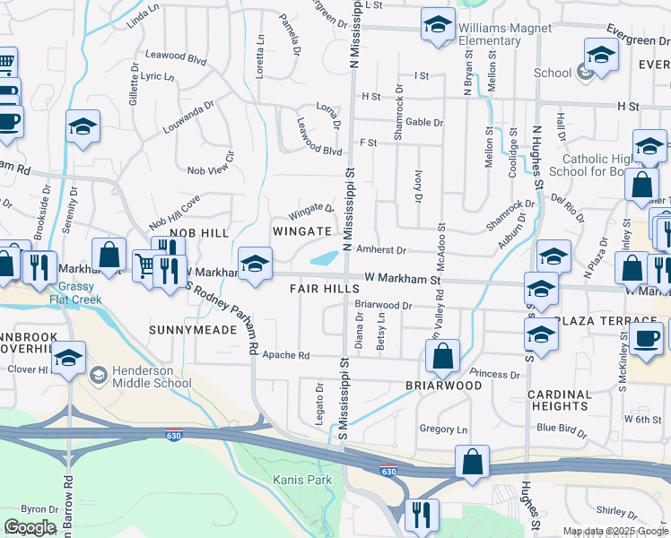 map of restaurants, bars, coffee shops, grocery stores, and more near 7600 West Markham Street in Little Rock