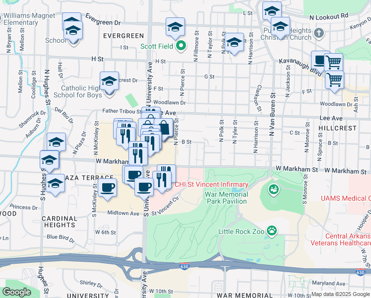 map of restaurants, bars, coffee shops, grocery stores, and more near 217 North Pierce Street in Little Rock