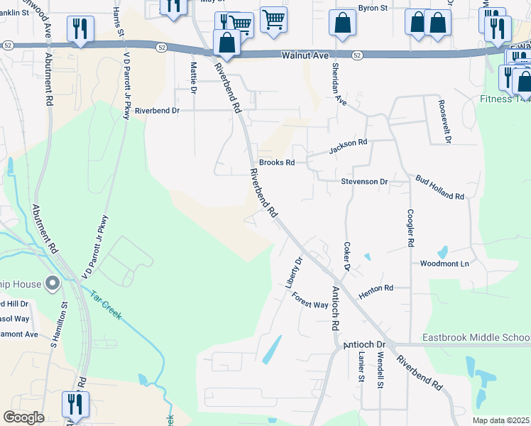 map of restaurants, bars, coffee shops, grocery stores, and more near 1132 Riverbend Road in Dalton