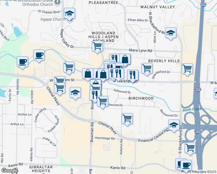 map of restaurants, bars, coffee shops, grocery stores, and more near 11724 Ashwood Drive in Little Rock