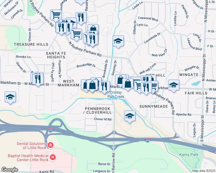 map of restaurants, bars, coffee shops, grocery stores, and more near 8901 West Markham Street in Little Rock
