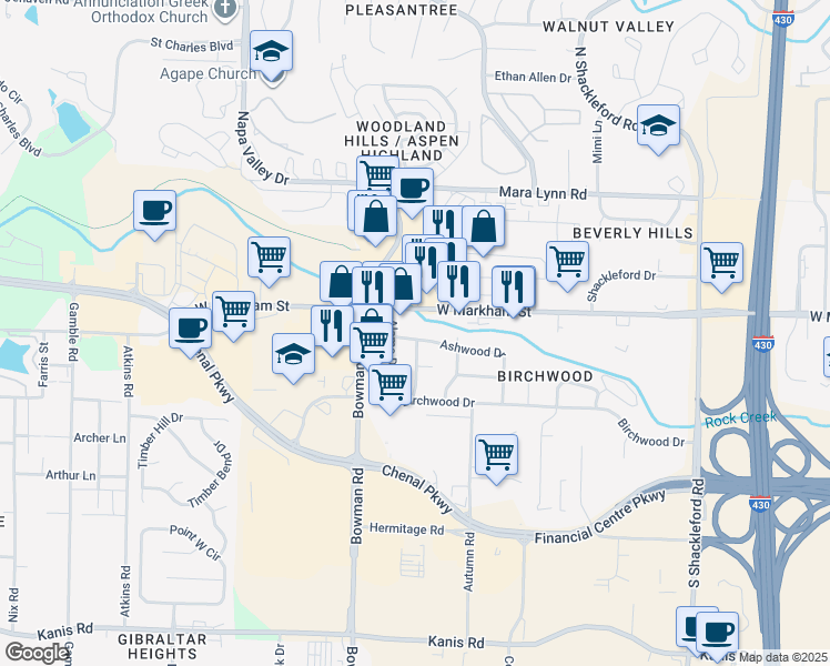 map of restaurants, bars, coffee shops, grocery stores, and more near 11724 Ashwood Drive in Little Rock