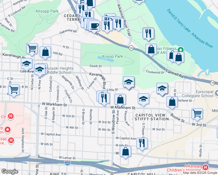 map of restaurants, bars, coffee shops, grocery stores, and more near 311 North Woodrow Street in Little Rock