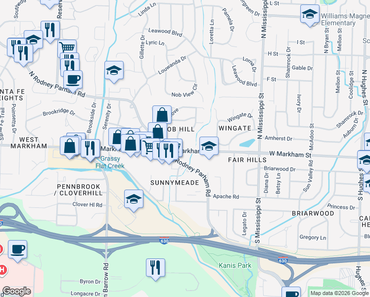 map of restaurants, bars, coffee shops, grocery stores, and more near 8120 West Markham Street in Little Rock