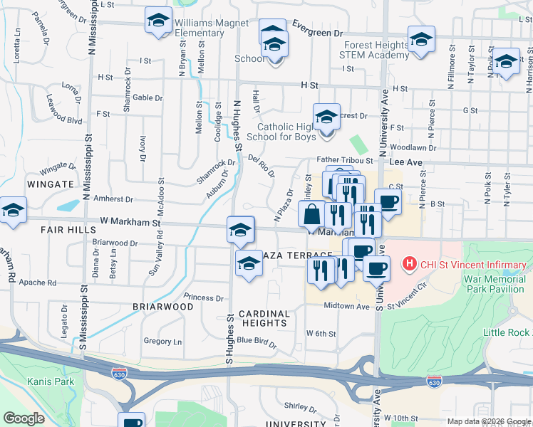 map of restaurants, bars, coffee shops, grocery stores, and more near 201 Del Rio Drive in Little Rock