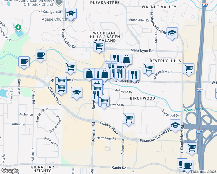 map of restaurants, bars, coffee shops, grocery stores, and more near 11724 Ashwood Drive in Little Rock