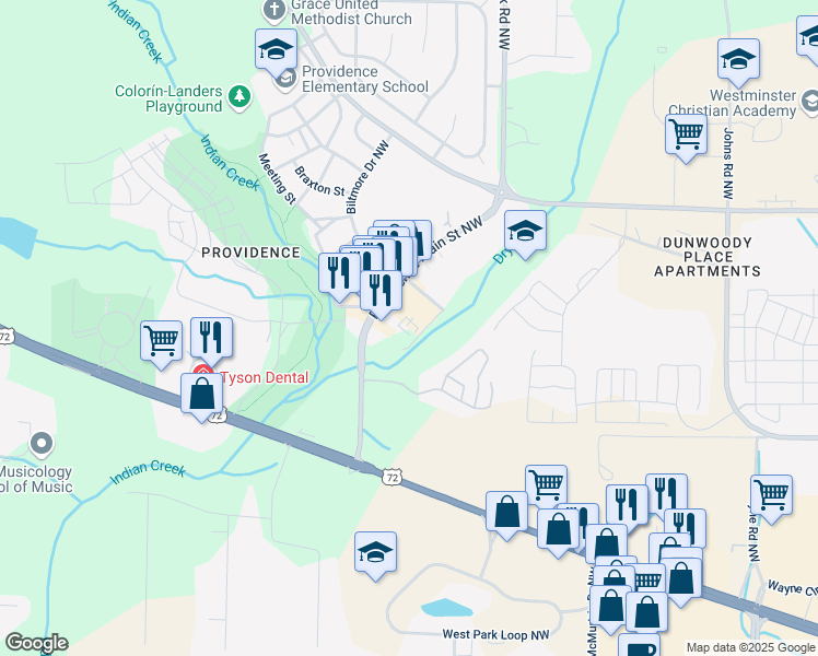 map of restaurants, bars, coffee shops, grocery stores, and more near 14 Arch Street Northwest in Huntsville