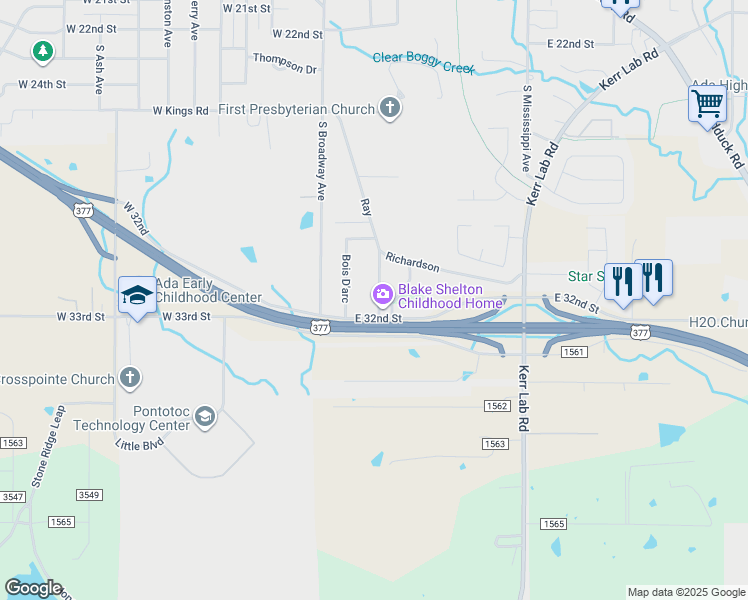 map of restaurants, bars, coffee shops, grocery stores, and more near 1827 South Broadway Boulevard in Ada