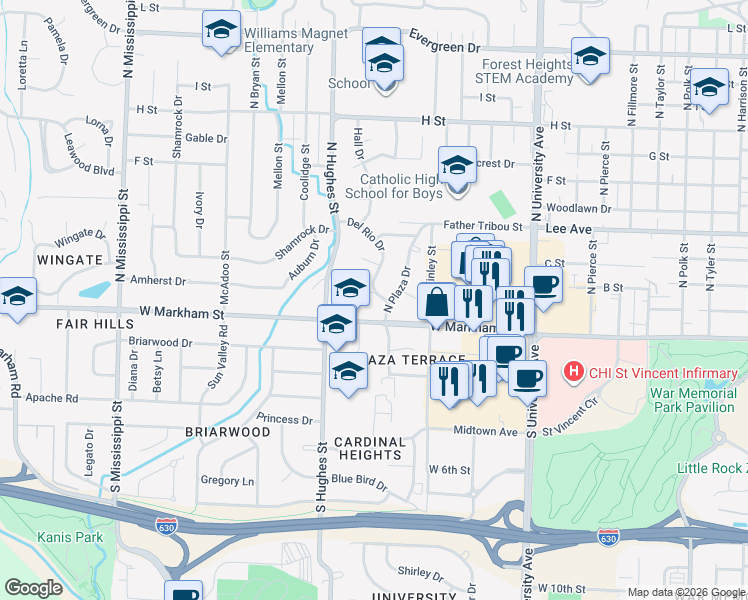 map of restaurants, bars, coffee shops, grocery stores, and more near 201 Del Rio Drive in Little Rock